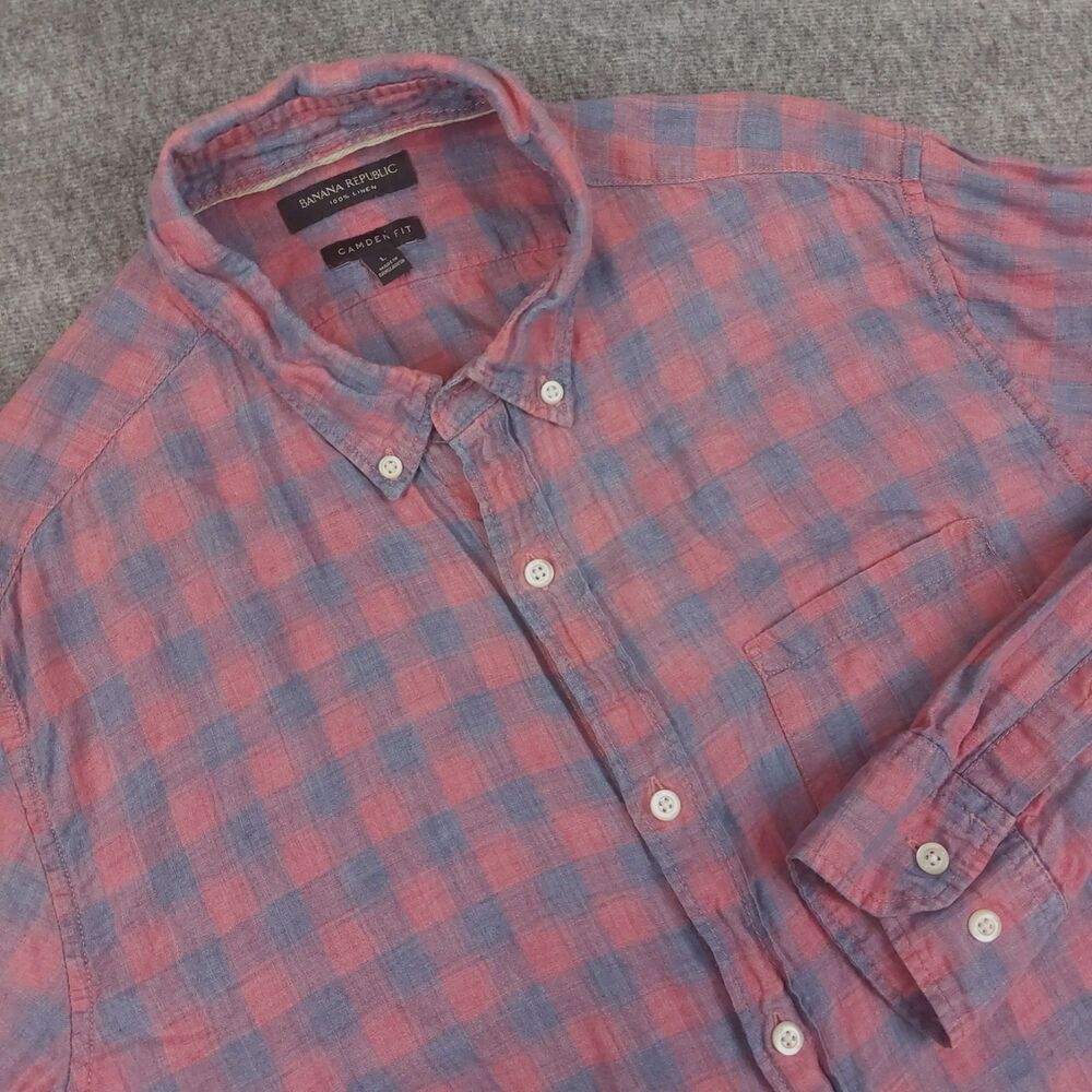 Banana Republic Men L Camden Fit Button Down Shirt Red Blue Plaid 100% Linen LS
